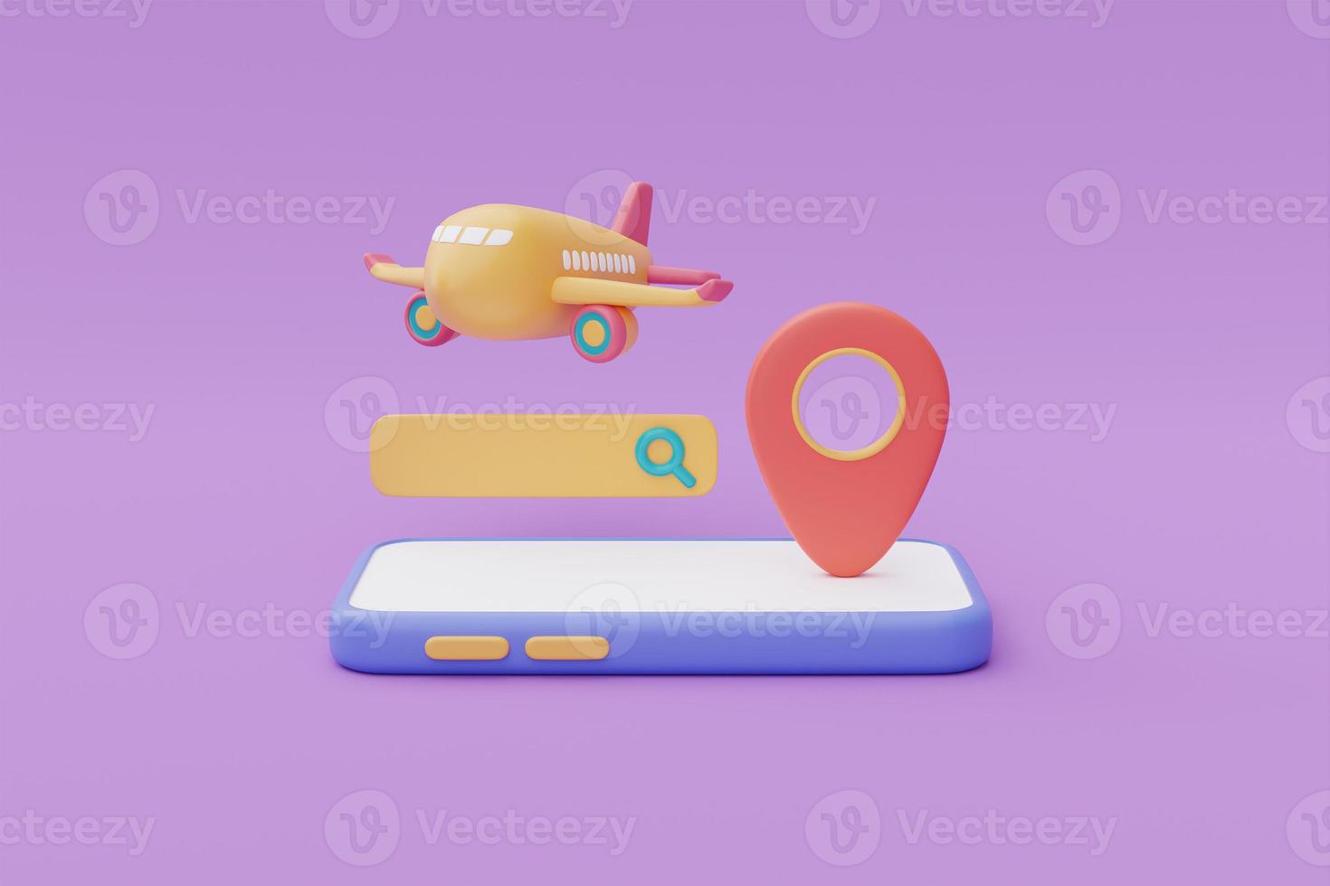 Yellow airplane with location pin and search bar on smartphone,Tourism and travel plan to trip concept,holiday vacation,Time to travel,3d rendering photo