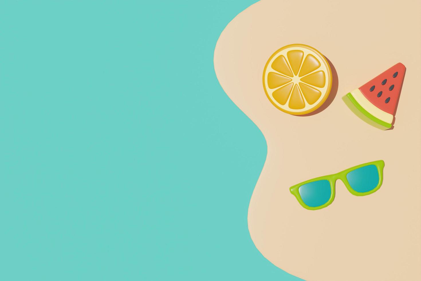 Summer time concept with watermelon,orange,sunglasses and summer beach elements, 3d rendering. photo