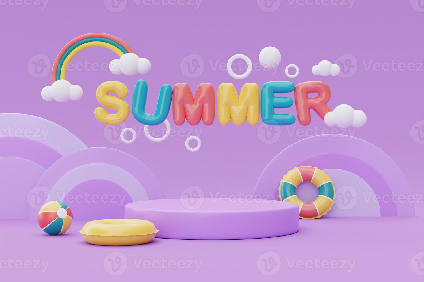 summer display with colorful summer beach elements on purple background, 3d rendering. photo