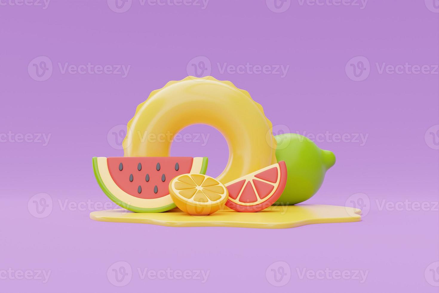 Summer time concept with inflatable ring and colorful summer fruits on purple background, , 3d rendering. photo