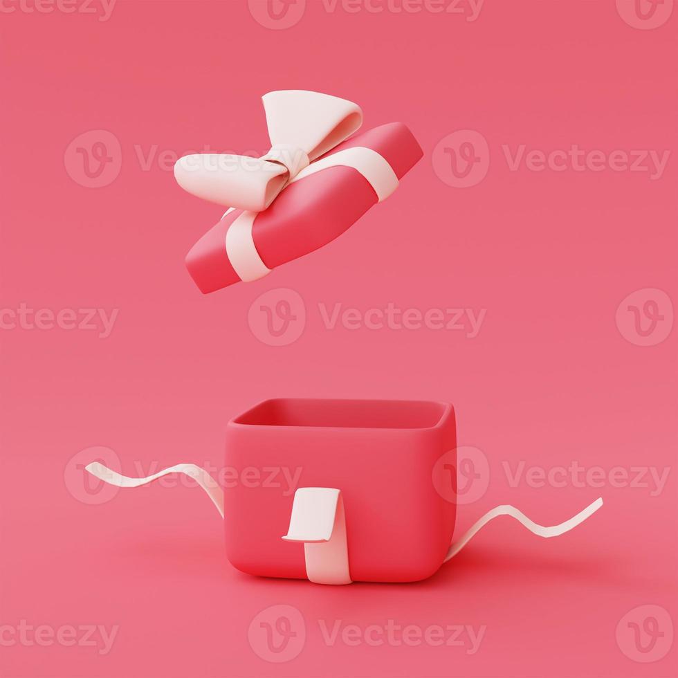3d render of open pink gift box with ribbons isolated on pastel background,valentine's day sale concept,minimal style. photo