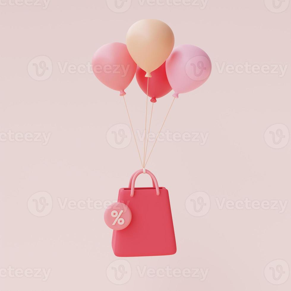 3d render of pink shopping bag with balloons float isolated on pastel background,valentine's day sale concept,minimal style. photo