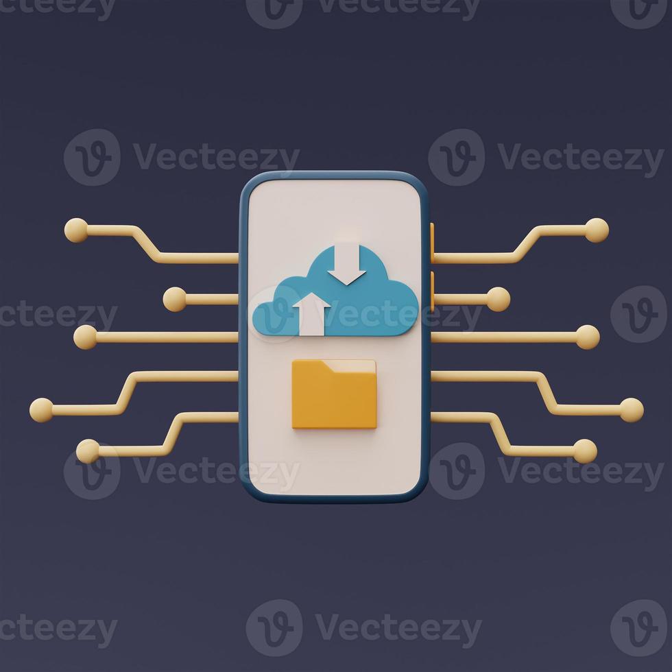 Cloud storage technology concept with blue cloud symbol and folder icon on smartphone ,online database,transfer data information,minimal style.3d rendering. photo