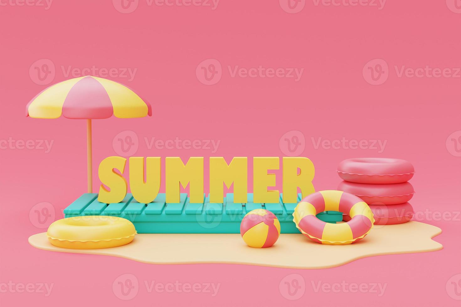 3d rendering of summer vacation concept with colorfull summer elements,minimal style.3d render. photo