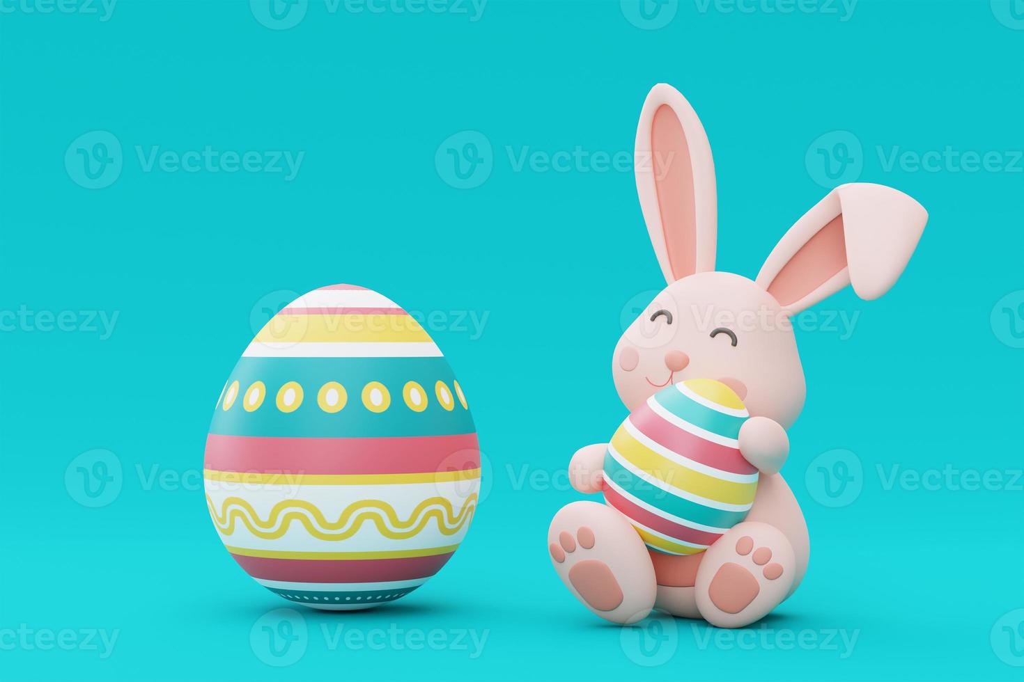 Easter bunny with colorful easter eggs on blue backgound,happy easter holiday concept.minimal style,3d rendering. photo