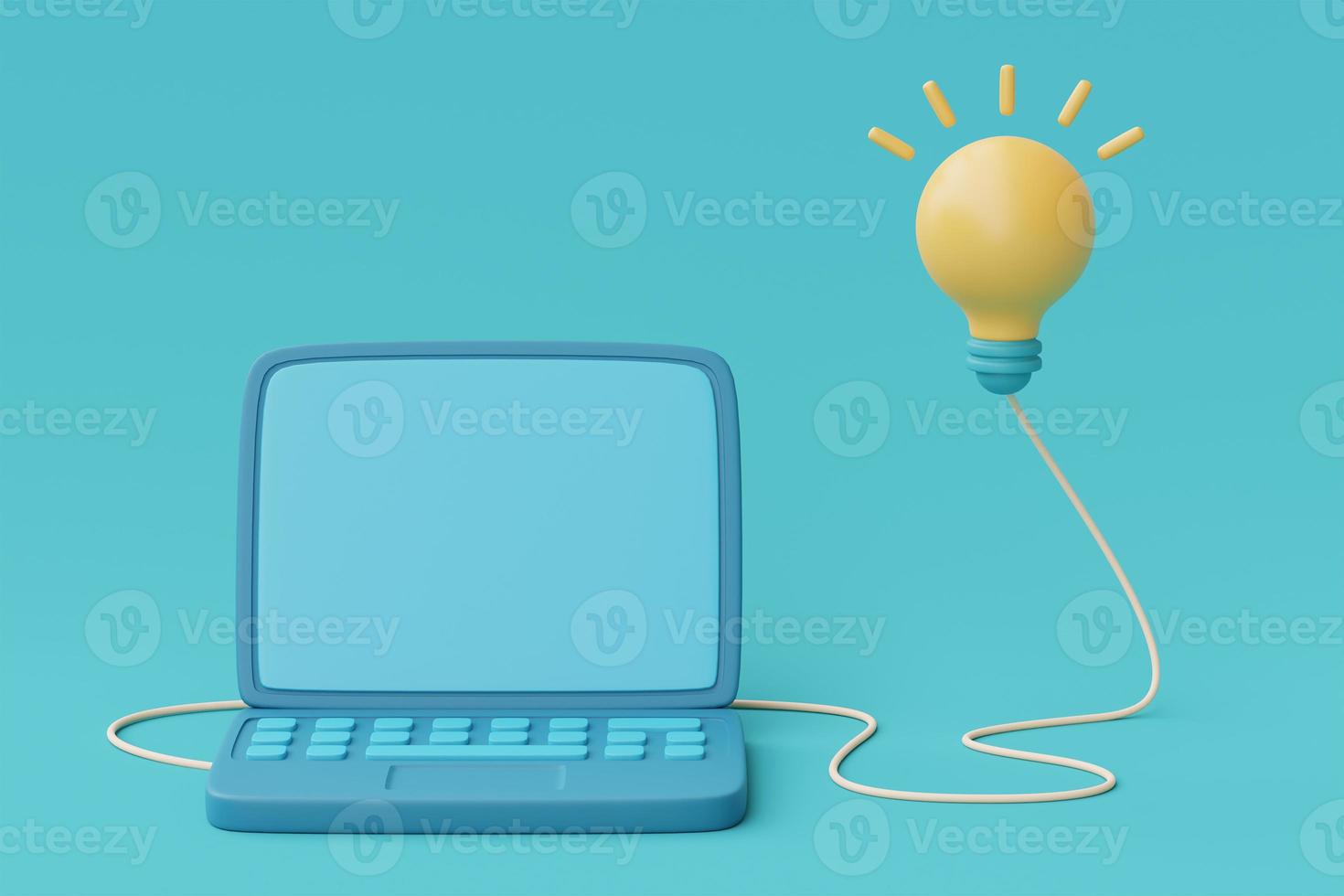 3d render yellow lightbulb floating with computer laptop on blue background.minimal style,3d rendering. photo