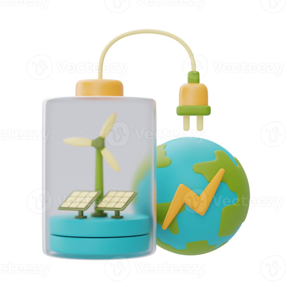 Battery charge and wind turbine,solar panels with world globe,Alternative source of electricity,Happy earth day,World environment day,Eco friendly,3d rendering. photo