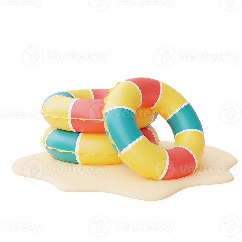 anillo inflable colorido aislado sobre fondo blanco, elementos de playa de verano, representación 3d. foto
