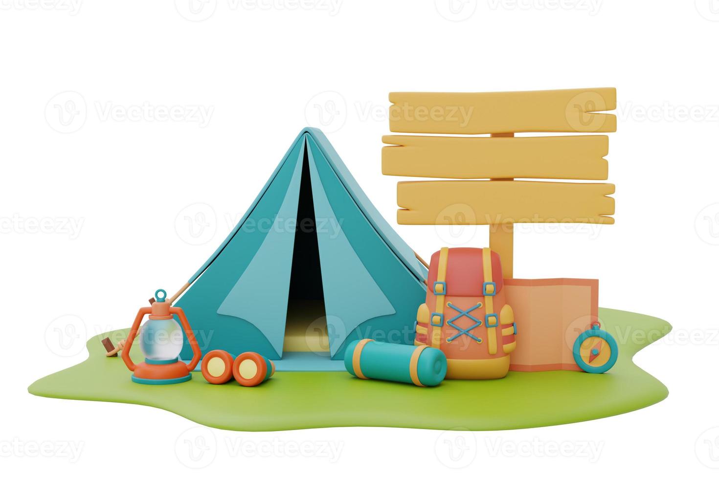 tienda de campaña turística con equipo de camping y cartel de madera en el lugar de acampada, concepto de campamento de verano, representación 3d. foto