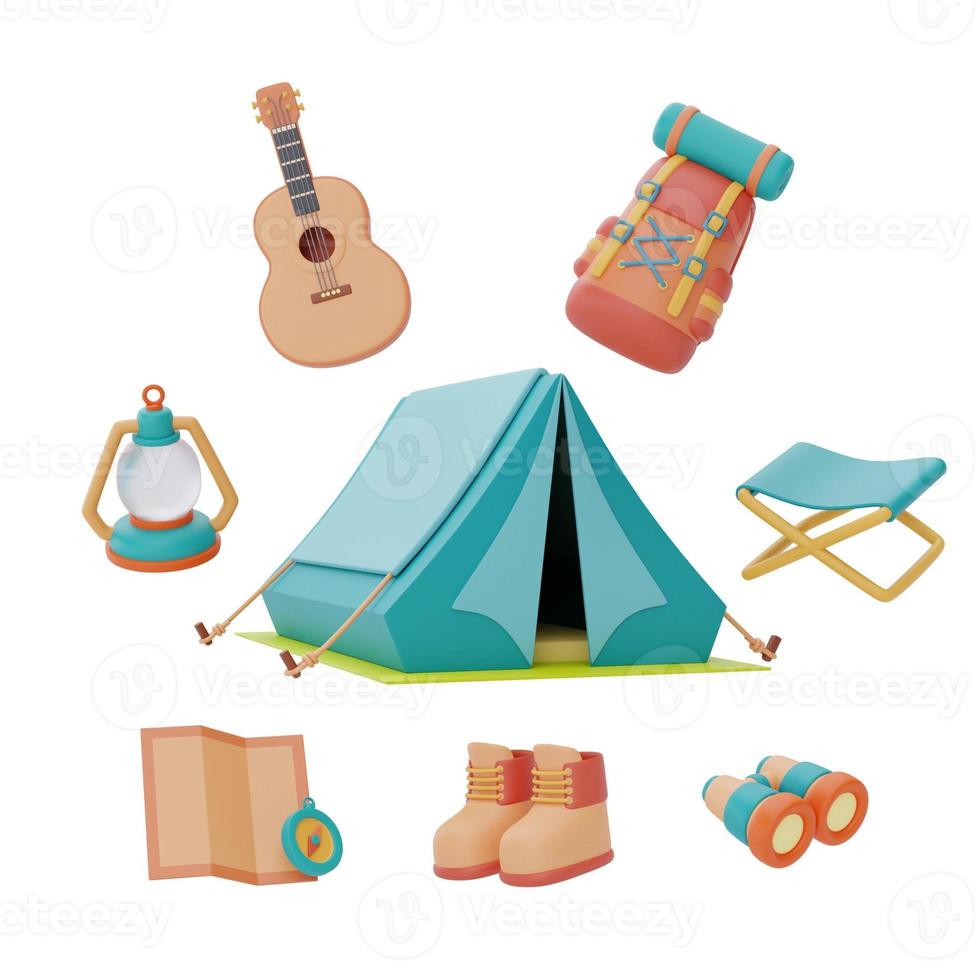 camping tent with camping equipment,backpack,guitar,folding camping chair,lantern,hiking shoes,map and compass,summer camp concept,3d rendering. photo