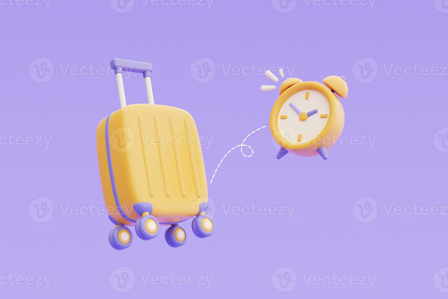 Time to travel concept,Booking airline tickets online with yellow suitcase and alarm clock,Tourism and travel plan to trip,holiday vacation,3d rendering photo