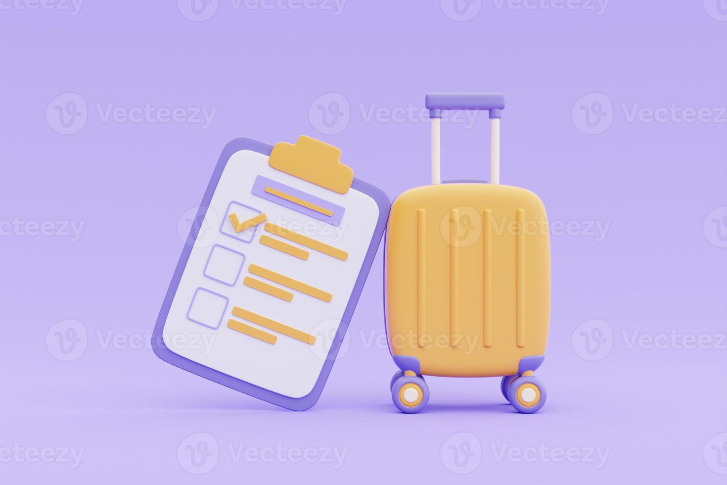 Tourism and travel plan to trip concept with yellow suitcase and checklist,Time to travel concept,holiday vacation,3d rendering photo