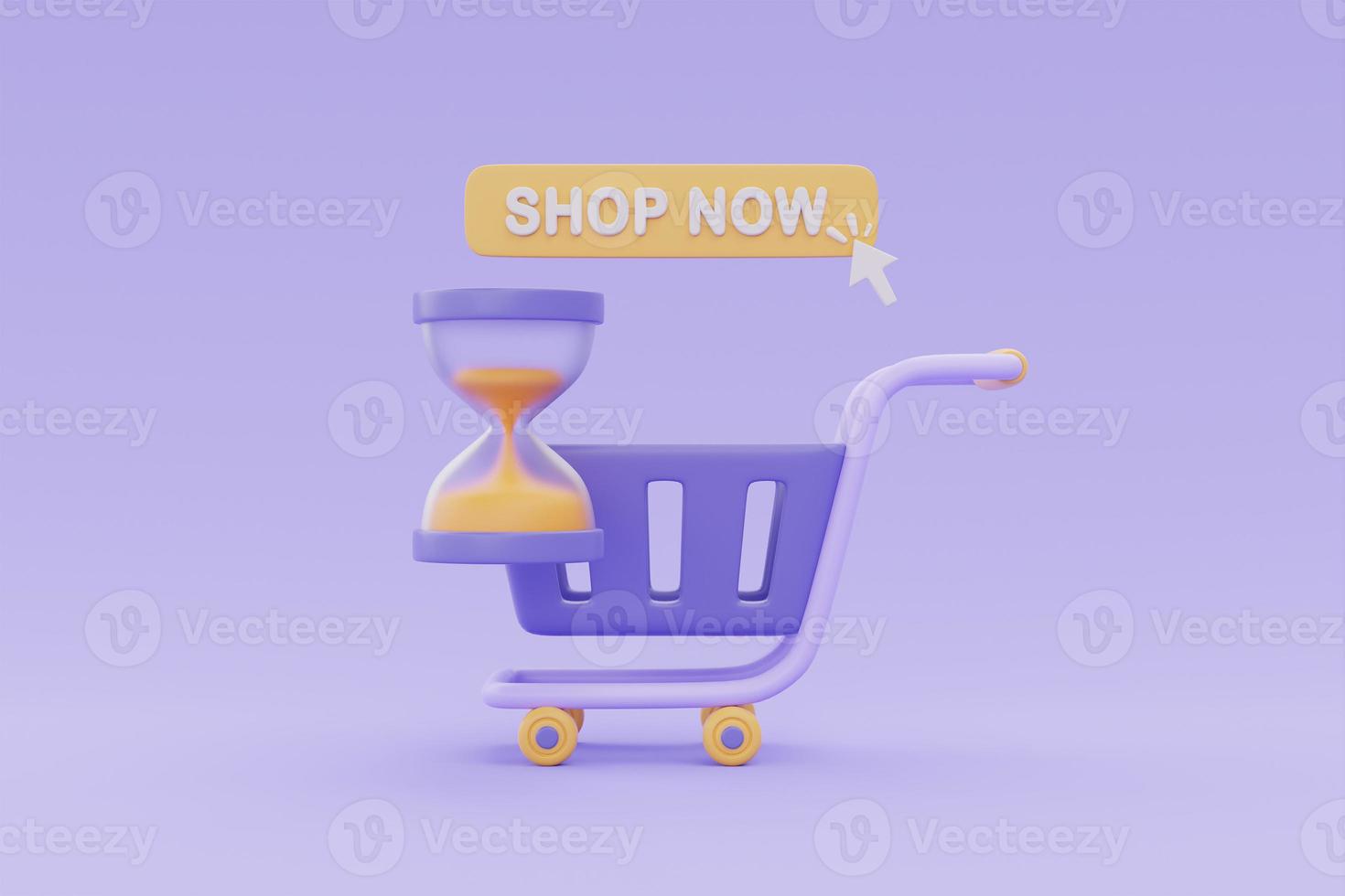 Online shopping with shopping cart and hourglass, Marketing time and Flash Sale promotions on purple background, 3d rendering. photo