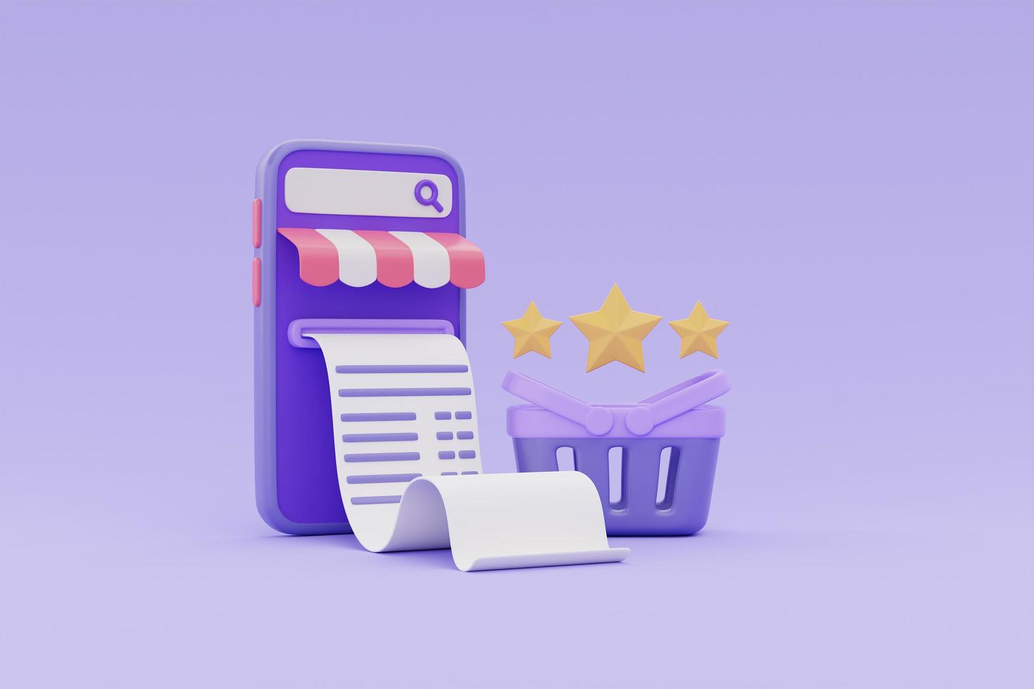 Online shopping store with bill, shopping basket and star rate review symbol on purple background, 3d rendering. photo