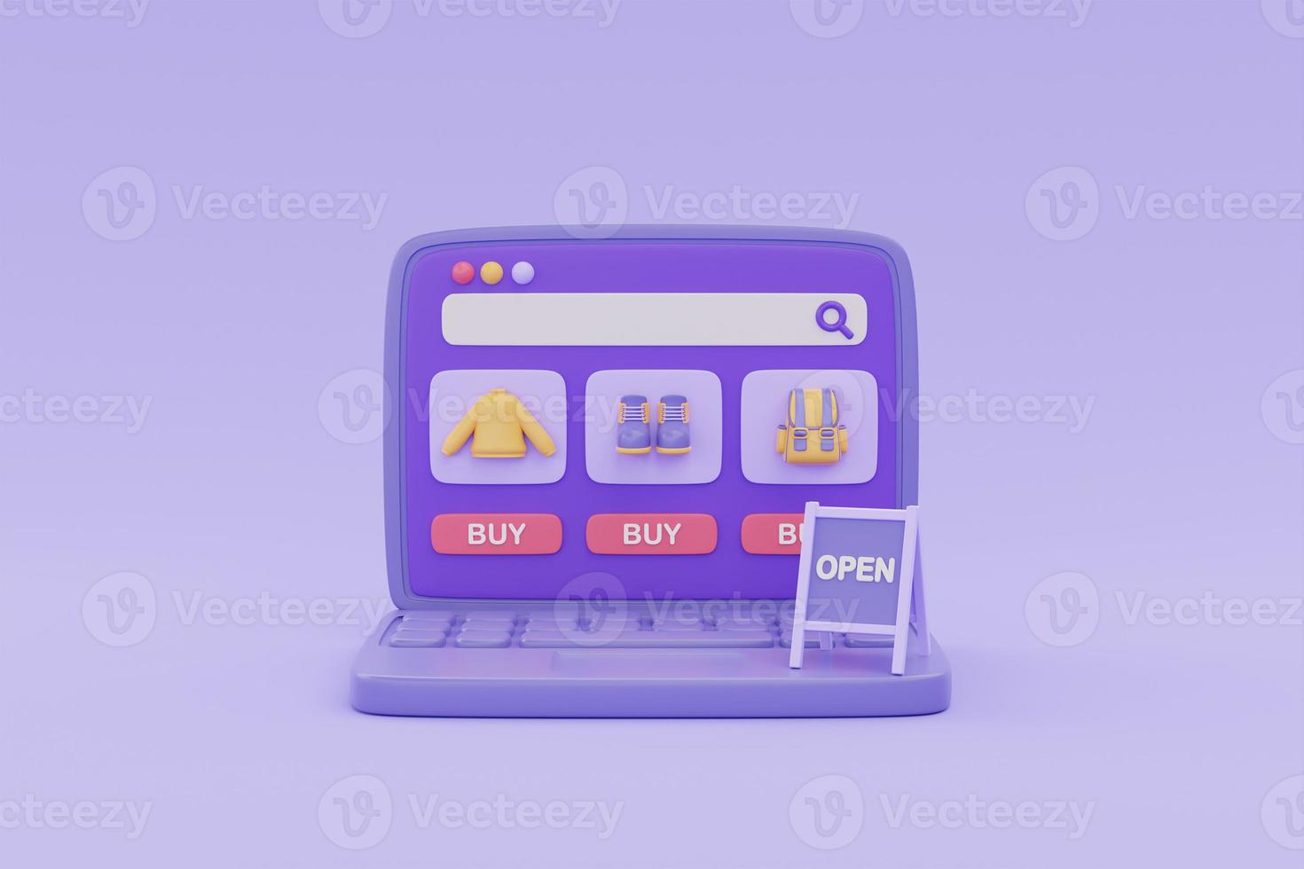 Online shopping store on laptop with OPEN sign on purple background, digital marketing promotion, 3d rendering. photo