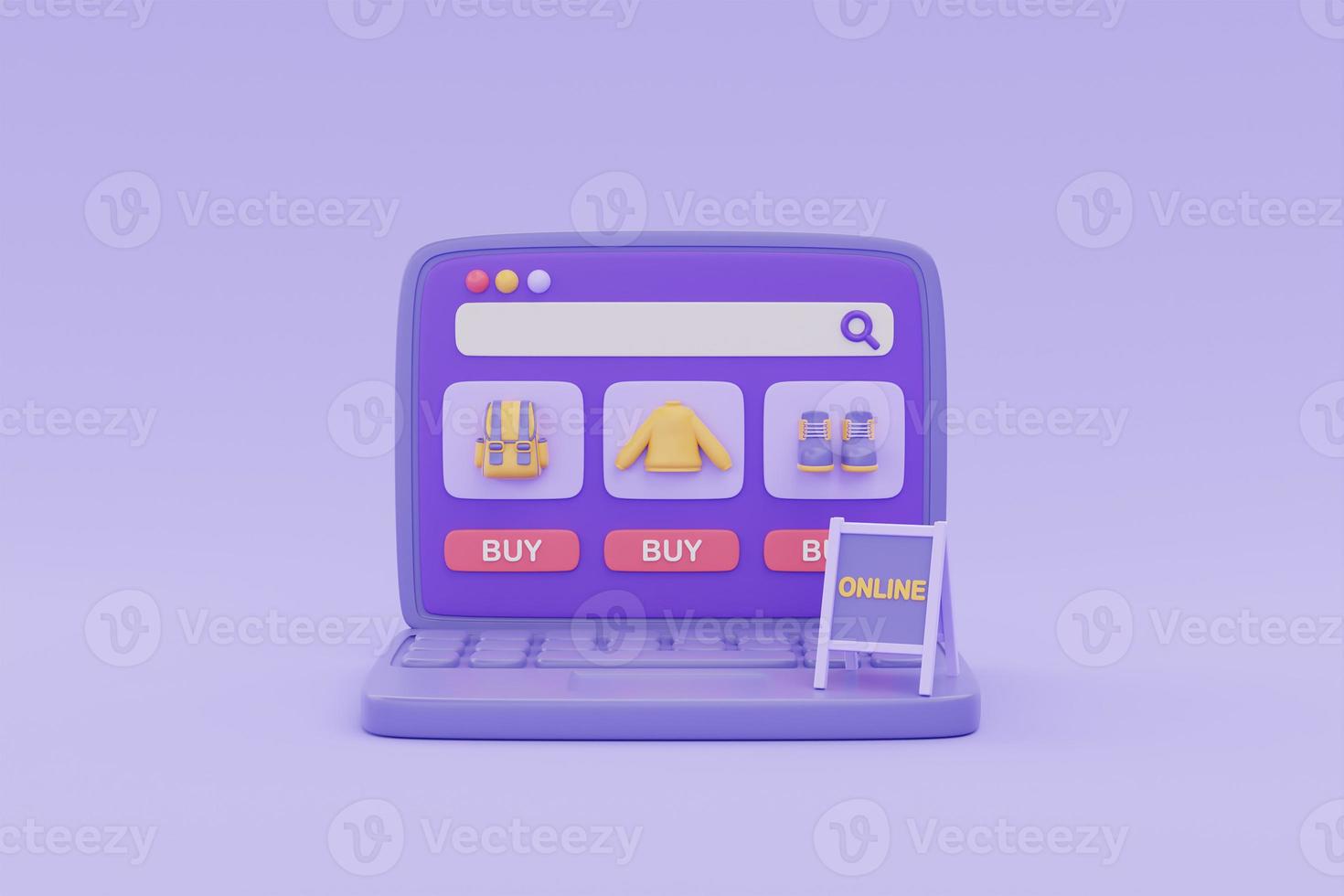 Online shopping store on laptop with ONLINE sign on purple background, digital marketing promotion, 3d rendering. photo