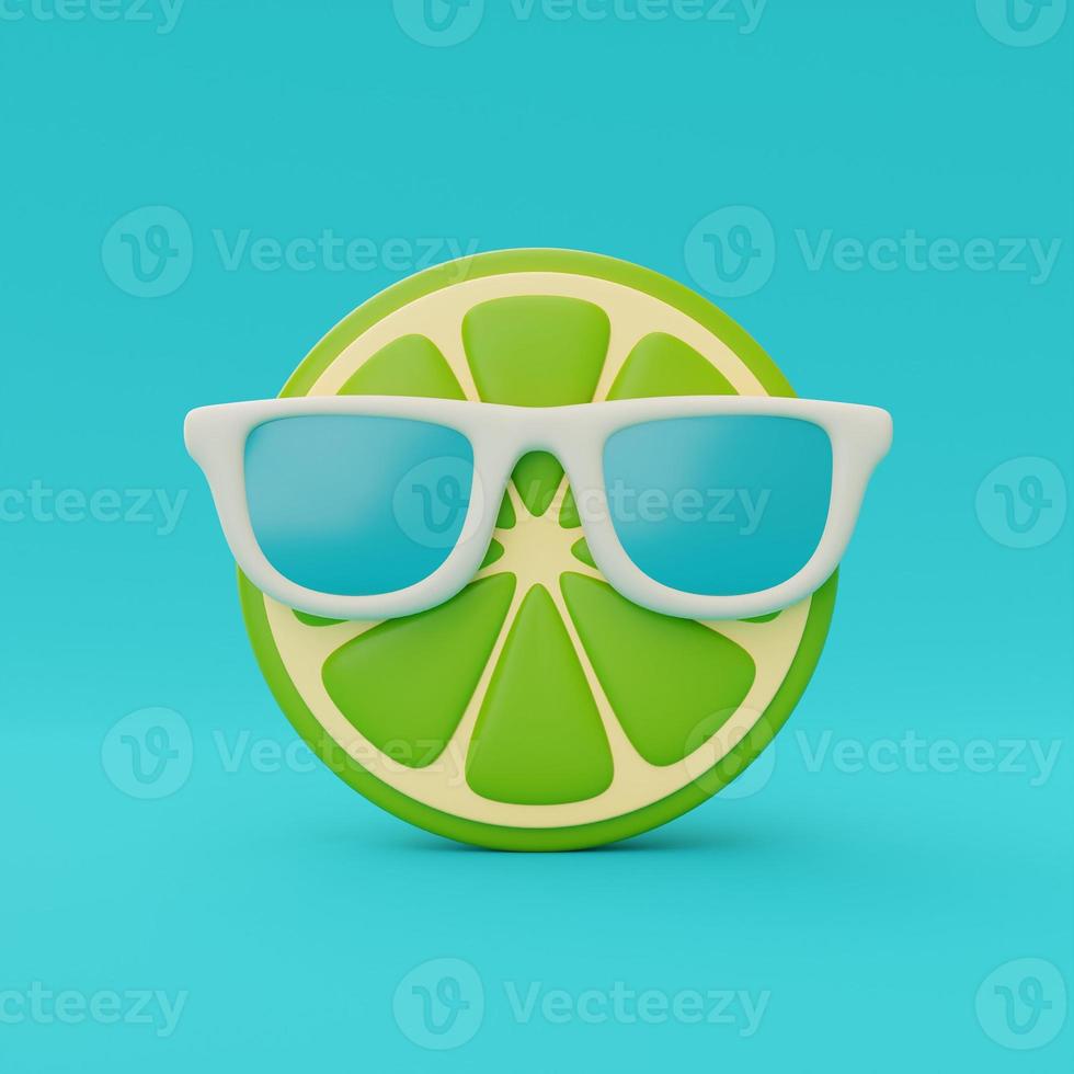 Slice of lemon with sunglasses isolate on blue background, summer fruits, 3d rendering. photo
