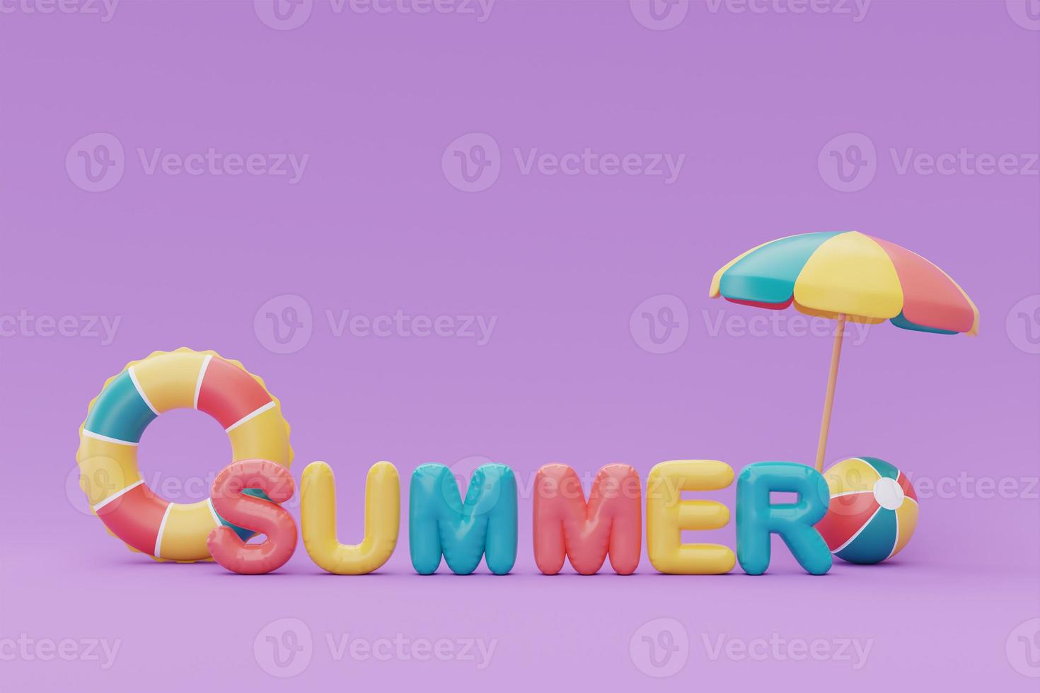 Summer time concept with colorful summer beach elements on purple background, 3d rendering. photo