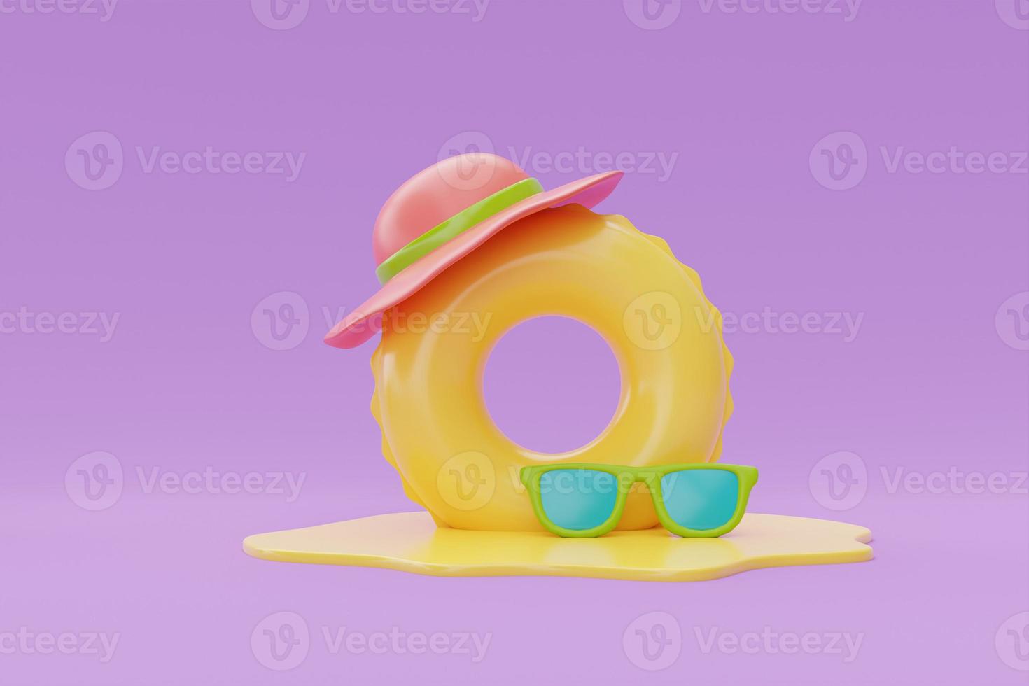 Summer time concept with inflatable ring and colorful summer beach elements on purple background, , 3d rendering. photo