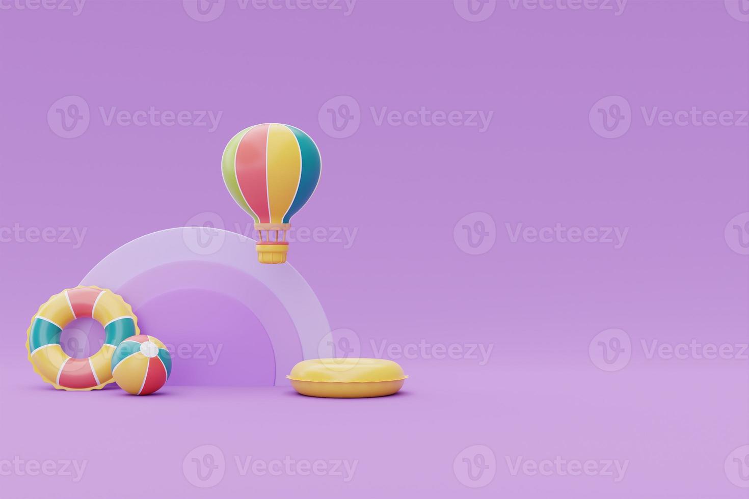 summer display with colorful summer beach elements on purple background, 3d rendering. photo