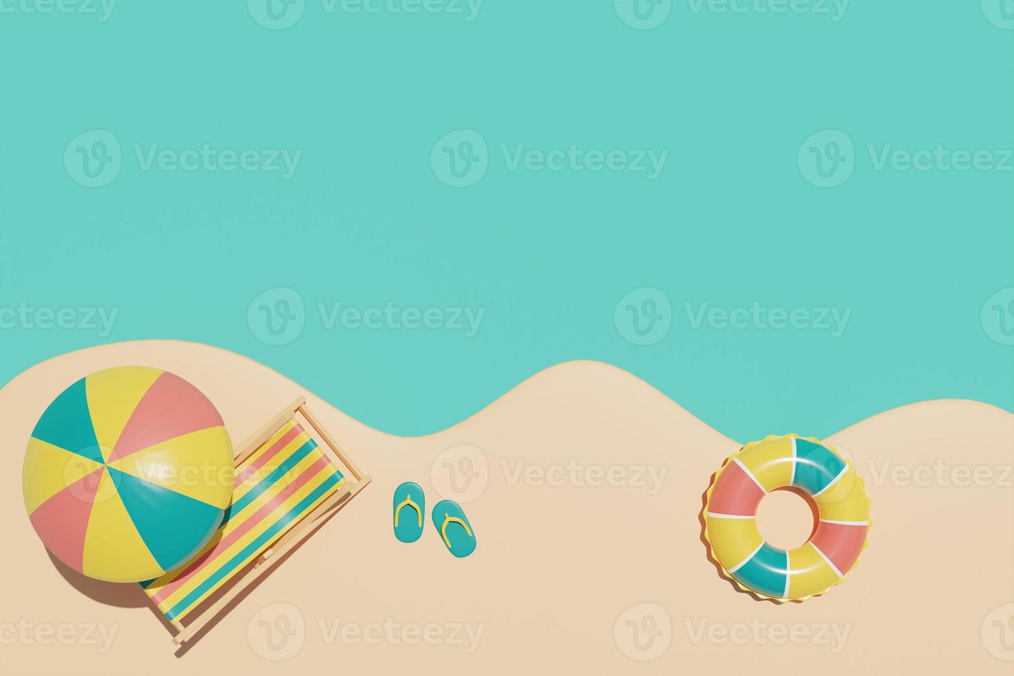 Summer time concept with beach chair,umbrella and colorful summer beach elements, 3d rendering. photo