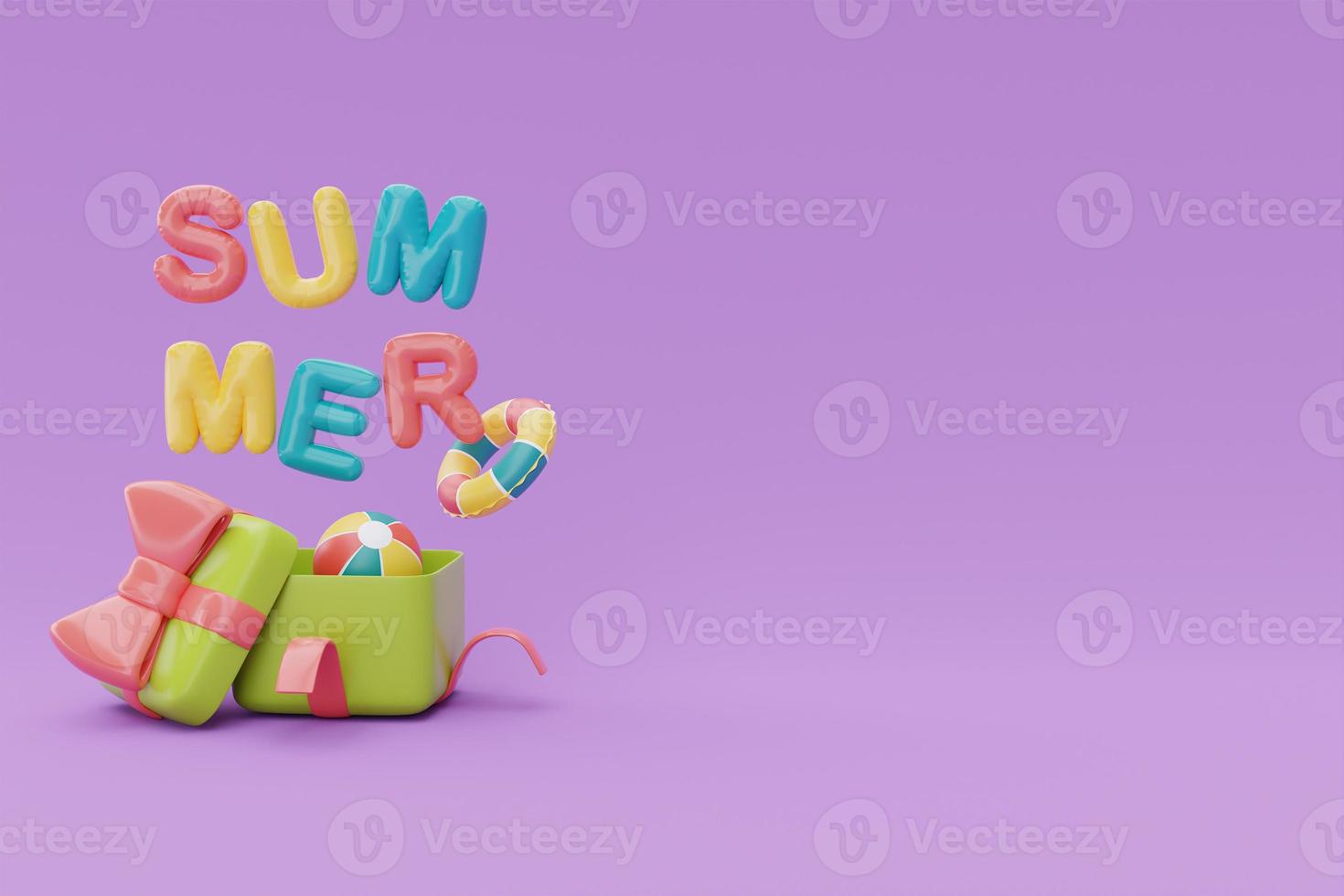 Opened gift box with colorful inflatable ring and colorful balloon text of summer on purple background, Summer time concept, 3d rendering. photo