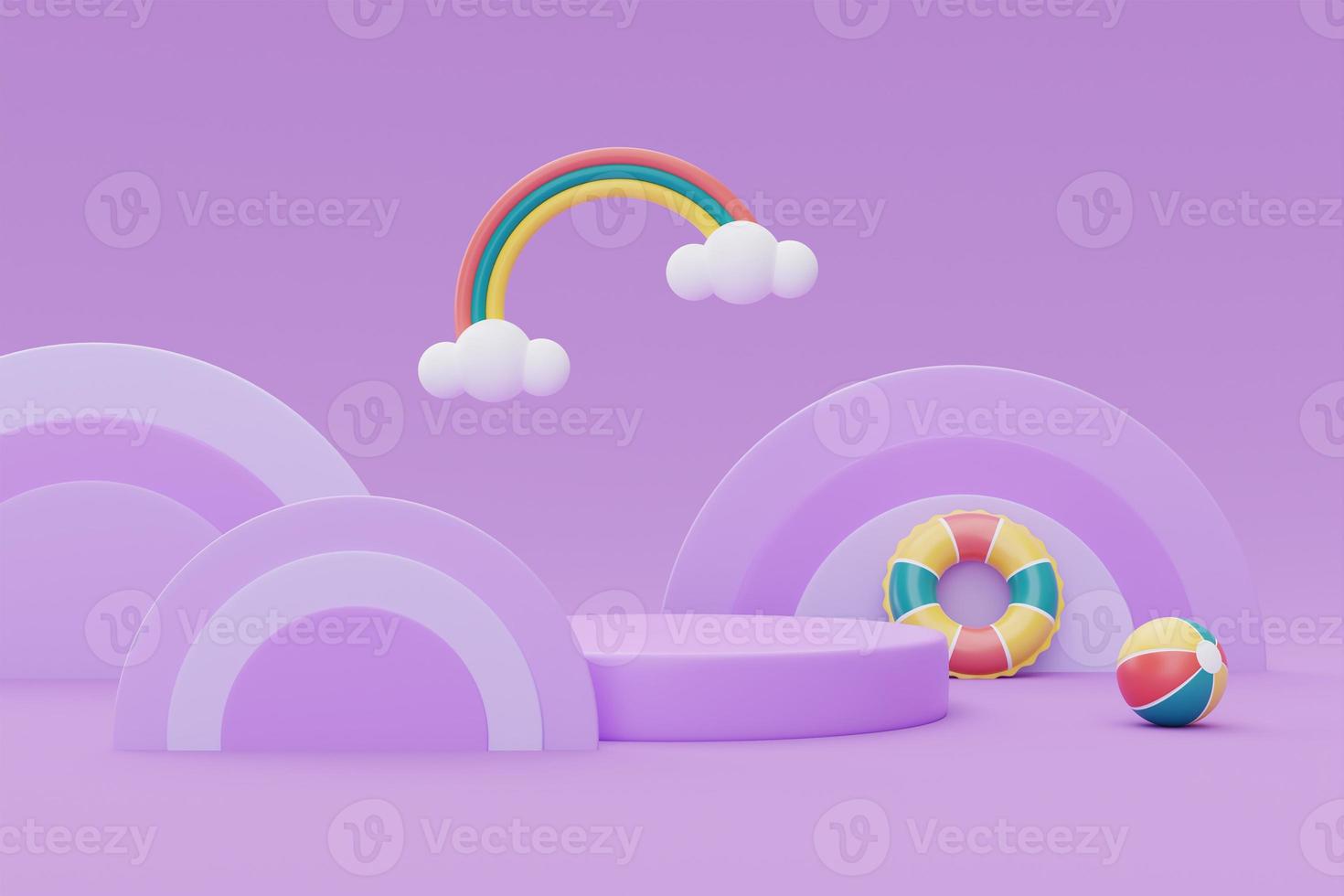 summer display with colorful summer beach elements on purple background, 3d rendering. photo