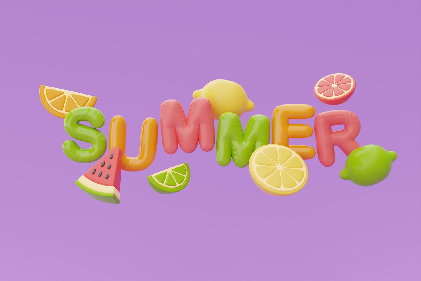 coloridas frutas de verano con sandía, limón, naranja, concepto de horario de verano, representación 3d. foto