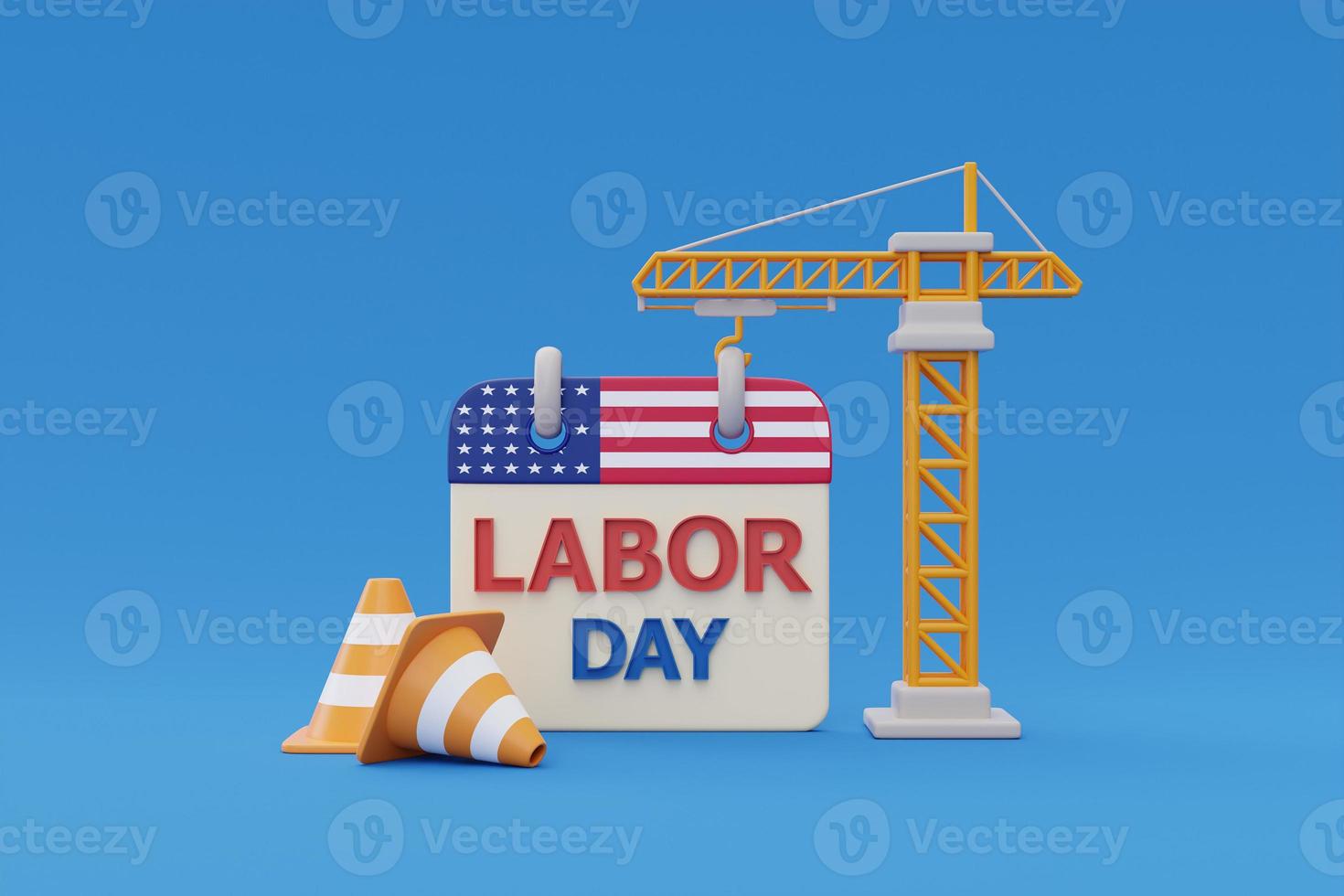 Happy labor day usa concept with calendar and construction tools on blue background, 3d rendering photo