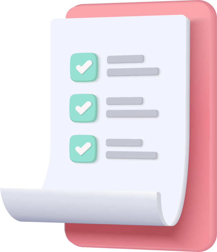 White clipboard task management todo check list, efficient work on project plan, fast progress, level up concept, assignment and exam, productivity solution icon. 3d render on pink background. png