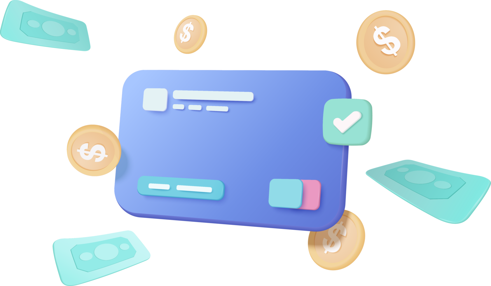 3d räkningsbetalning med kreditkort och ekonomisk säkerhet för online shopping, online betalning kreditkort med betalningsskydd koncept. 3D-rendering för företagsekonomi och enkel online shopping png