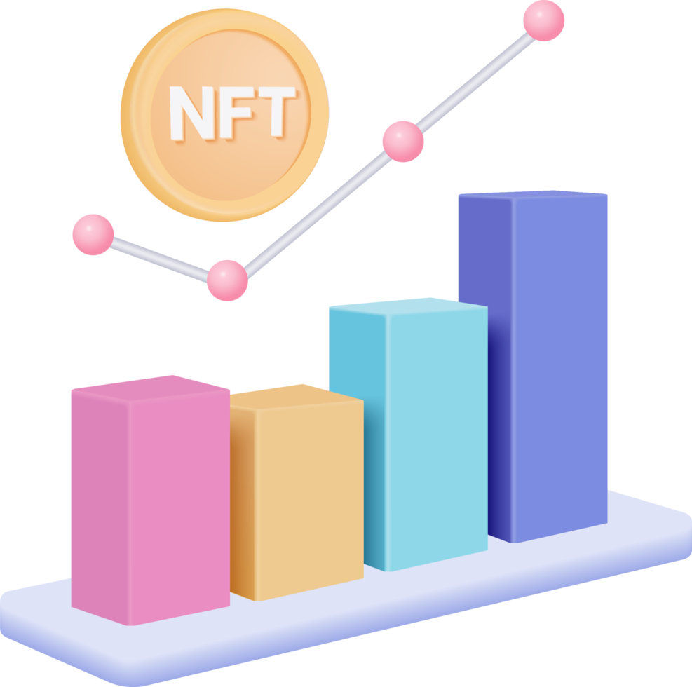 cryptocurrency nft 3d geldoverdrachtsconcept door blockchain-technologie, futuristische achtergrond. bundelt contant geld en zwevende munten wisselen op blauwe achtergrond. geldloze samenleving concept in 3d render png