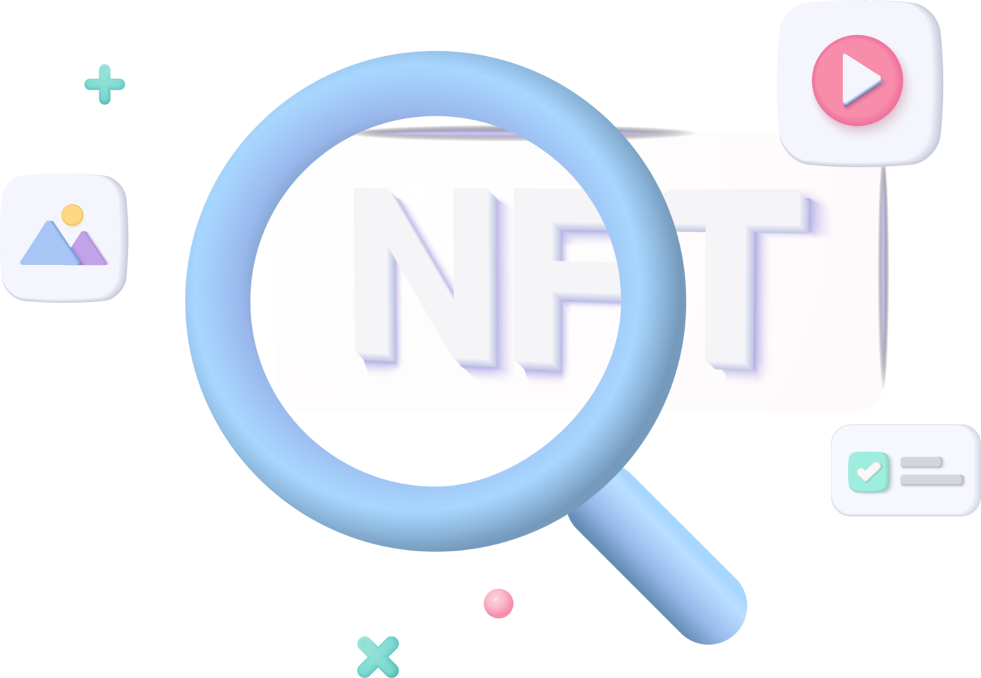 3d Concept of media file management. Searching image and video files in NFT database. Document management soft, document flow app, compound docs concept. 3d rendering magnifying NFT png
