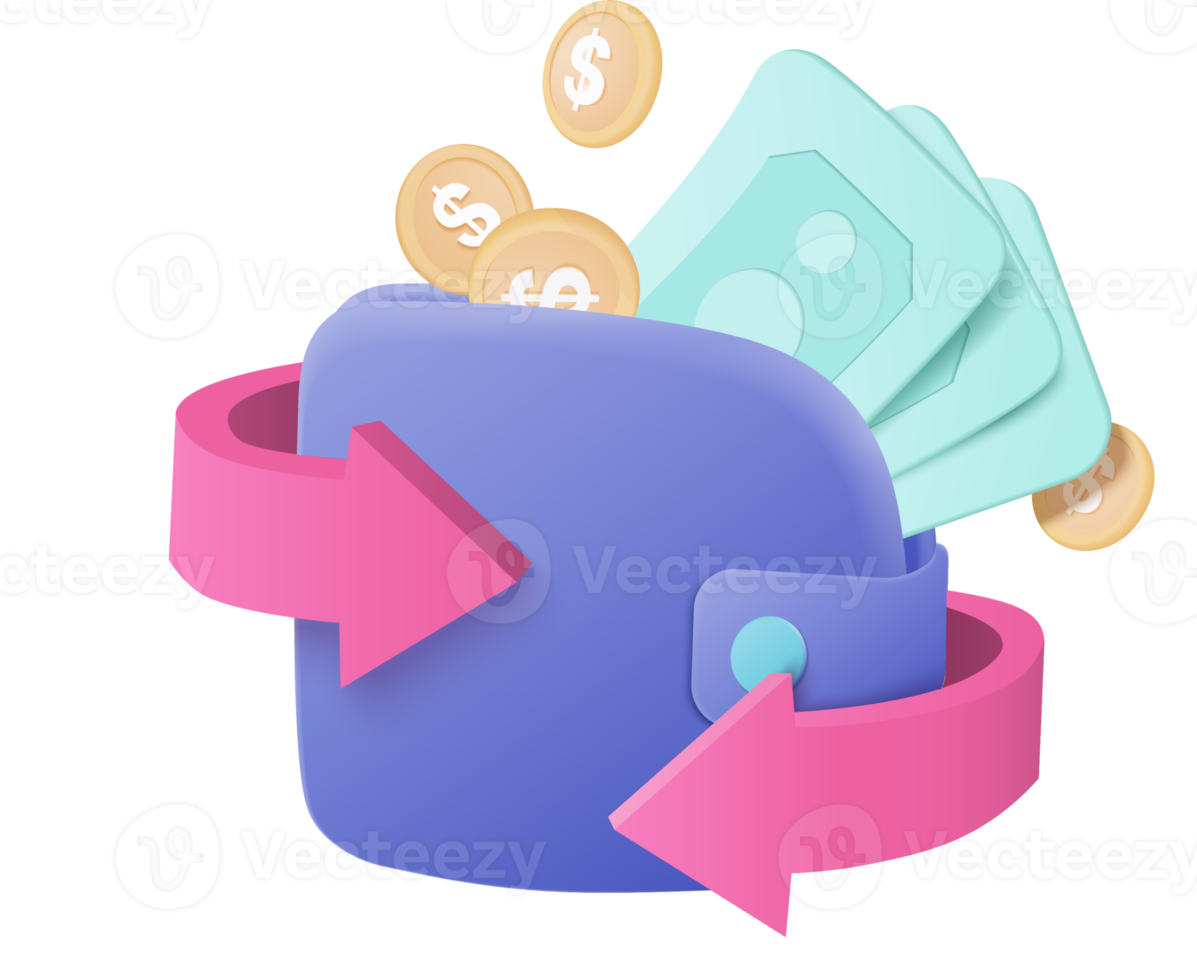 3D cashback money refund icon concept. money holding wallet, dollar bill and coin stack, online payment and money saving concept on background. 3d render for business bank, finance, investment png