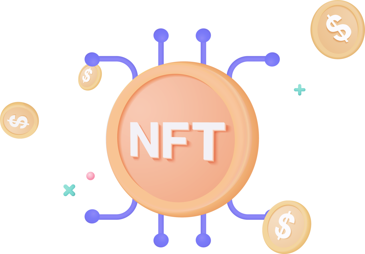 Cryptocurrency NFT 3d money transfer concept by blockchain technology, Futuristic background. Bundles cash and floating coins exchange on blue background. cashless society concept in 3d render png