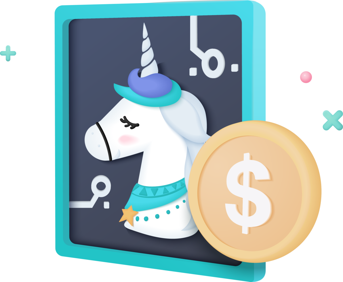 3d cryptocurrency concept for unicorn image files in NFT transfer to dollar by blockchain technology, Futuristic background. Cash and floating crypto exchange. cashless society concept in 3d png