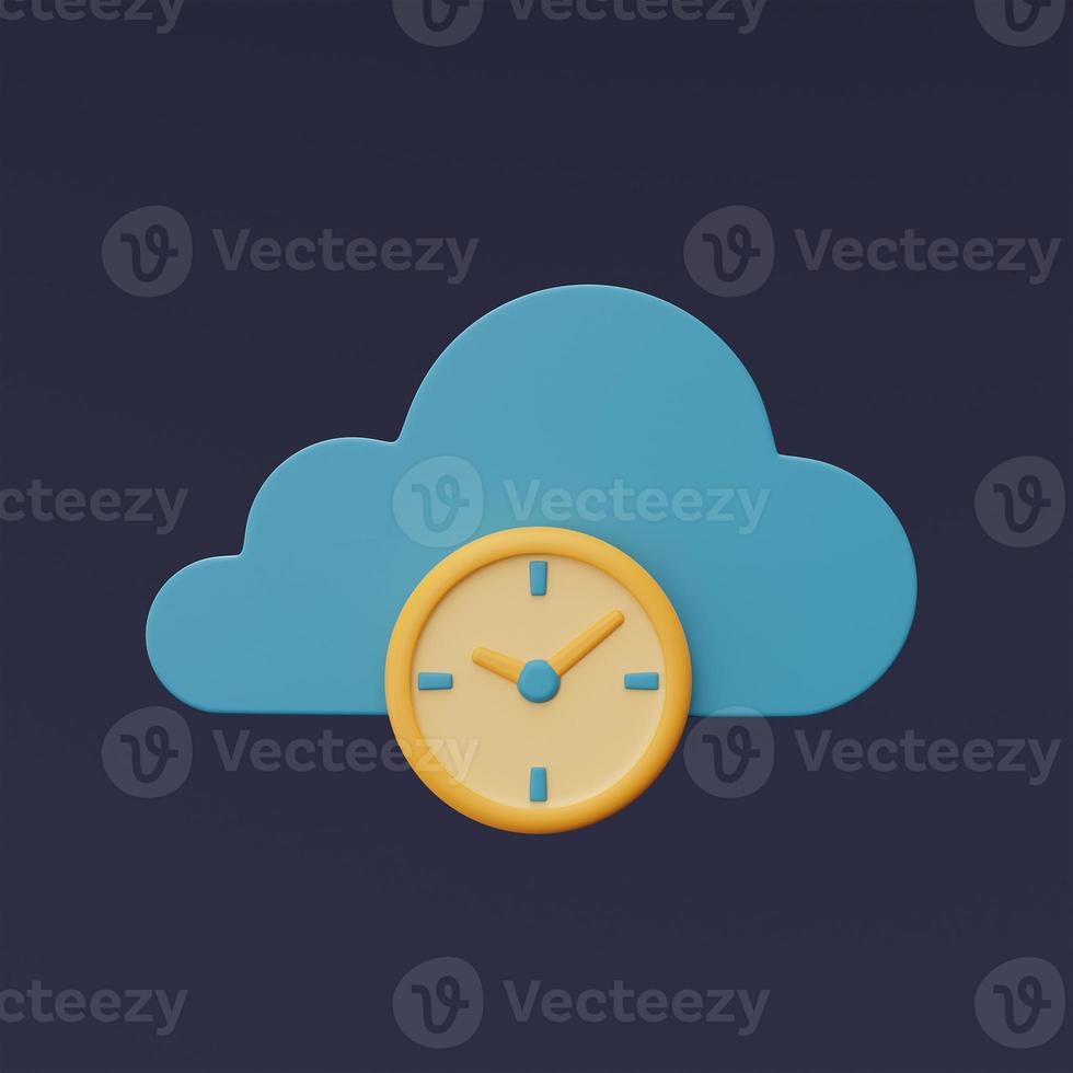 3d render of blue cloud symbol with clock icon isolated on dark background,Cloud storage technology,minimal style. photo