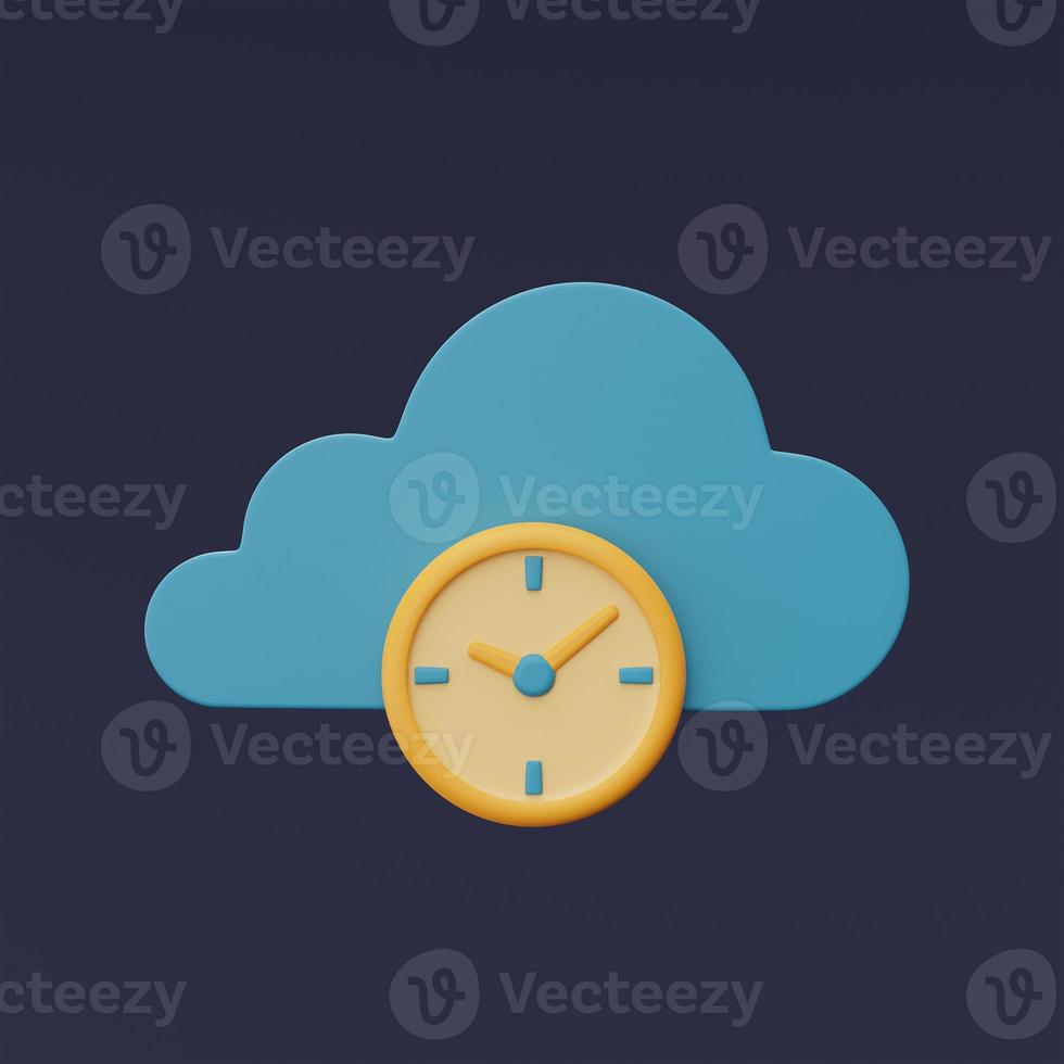 Representación 3d del símbolo de la nube azul con el icono del reloj aislado en el fondo oscuro, tecnología de almacenamiento en la nube, estilo minimalista. foto