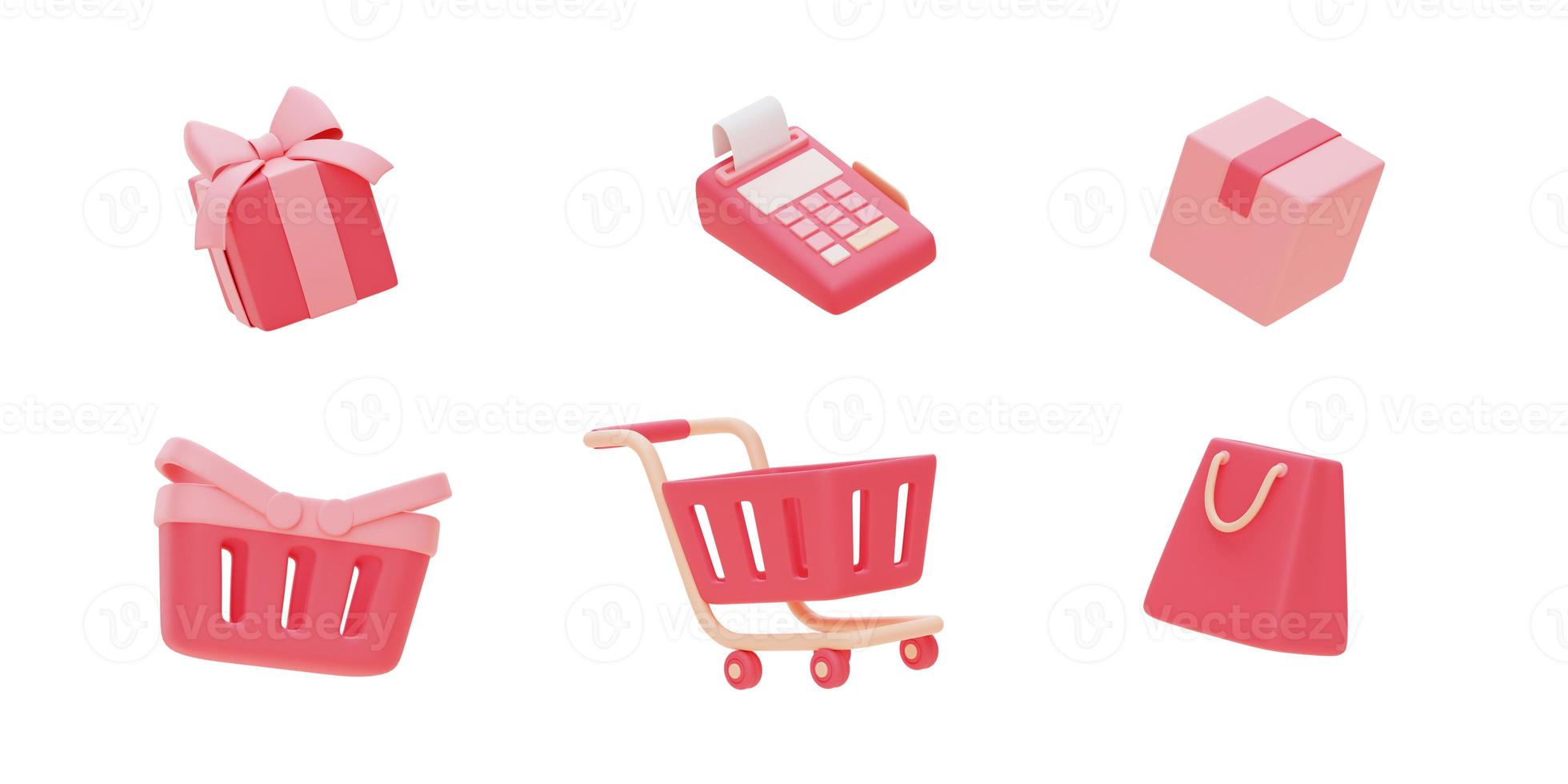 3d renderizado de carrito de compras rosa, cesta, bolsa, caja de regalo, caja registradora y caja de paquetes sobre fondo claro, concepto de venta del día de san valentín, estilo minimalista. foto