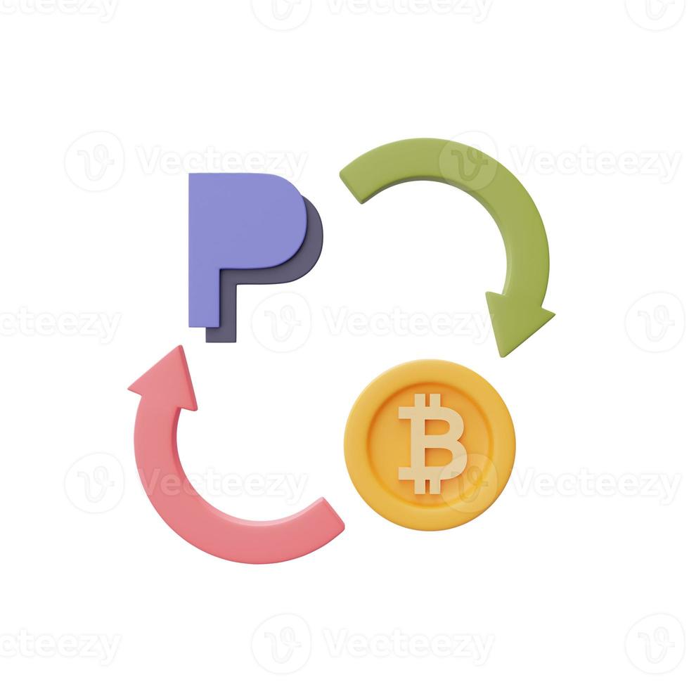 transfiera bitcoin a paypal, intercambie criptomonedas, estilo minimalista. Representación 3d. foto