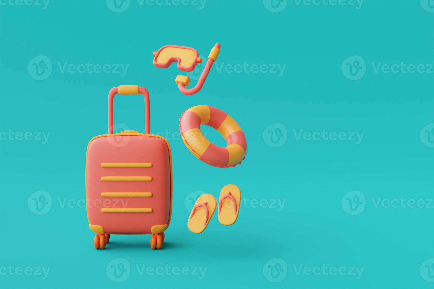 3d rendering of summer vacation concept with suitcase and colorfull summer elements,minimal style.3d render. photo