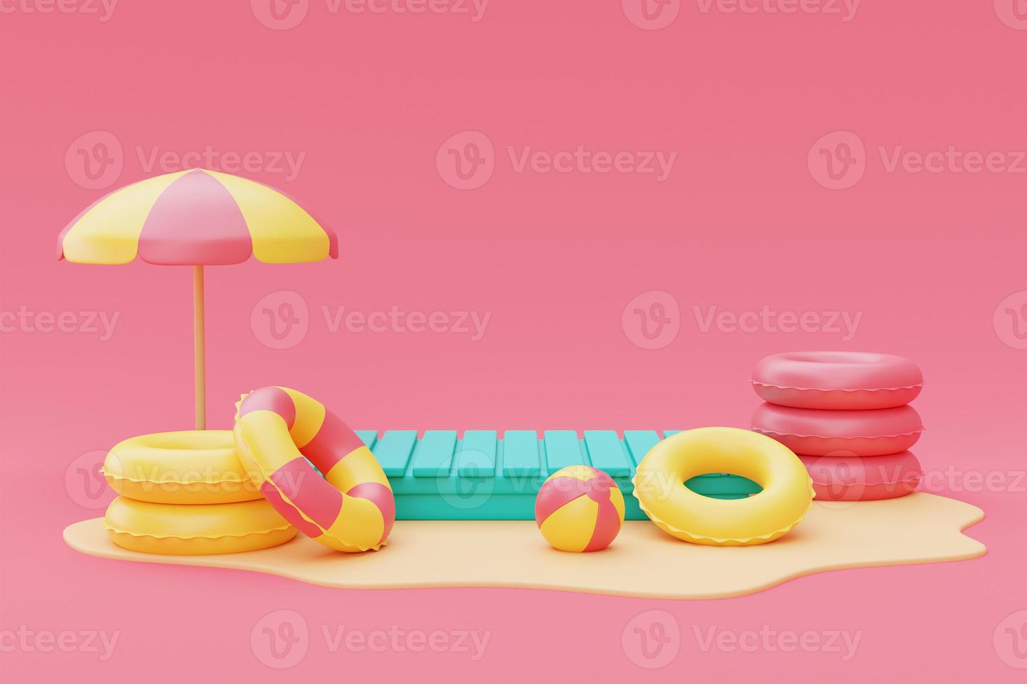 3d rendering of summer vacation concept ,Blue mock up display with Inflatable swimming ring and summer elements,minimal style.3d render. photo