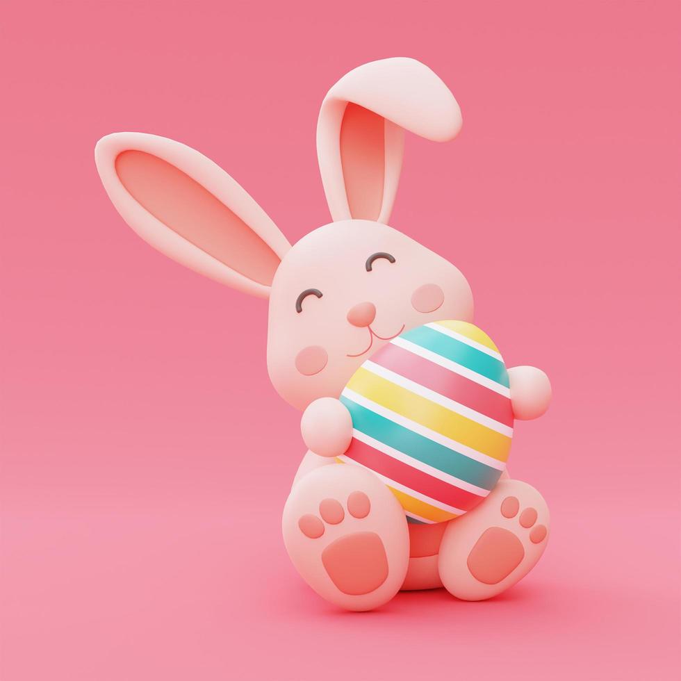 conejito de pascua con huevos de pascua coloridos aislados en fondo rosa, feliz concepto de vacaciones de pascua. estilo minimalista, representación 3d. foto