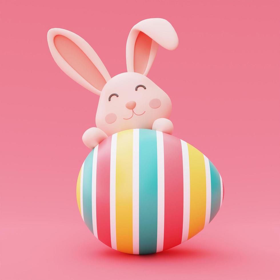 Easter bunny with colorful easter eggs isolated on pink backgound,happy easter holiday concept.minimal style,3d rendering. photo