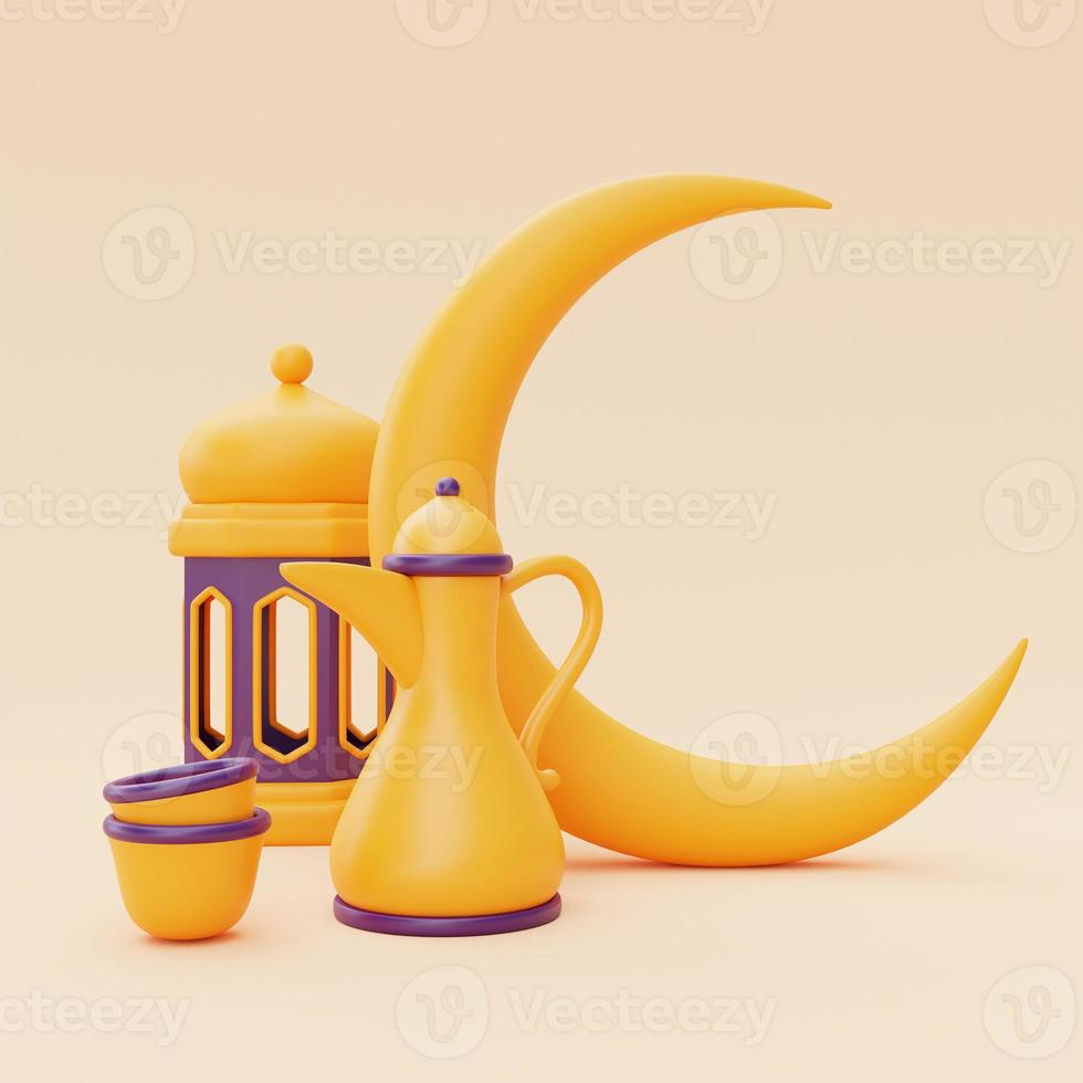 3d ramadan greetings with lantern and crescent moon ,Islamic holiday, Raya Hari, Eid al Adha, 3d rendering. photo