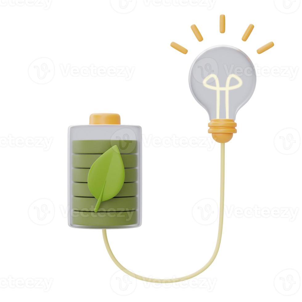 fuente alternativa de concepto de electricidad con batería verde y bombilla, respetuosa con el medio ambiente, energía limpia, representación 3d. foto