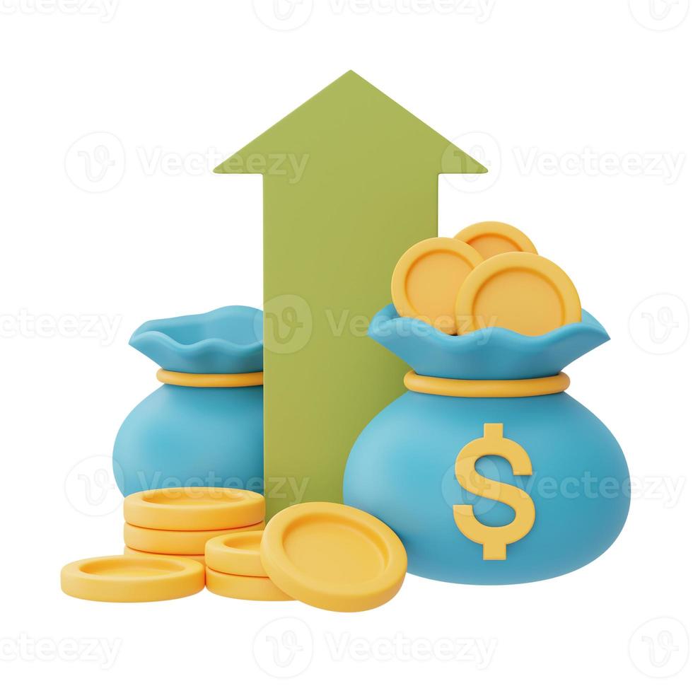 financial investments future income growth concept with coin stacks,coin bag and arrow ,saving money or interest increasing,3d rendering photo