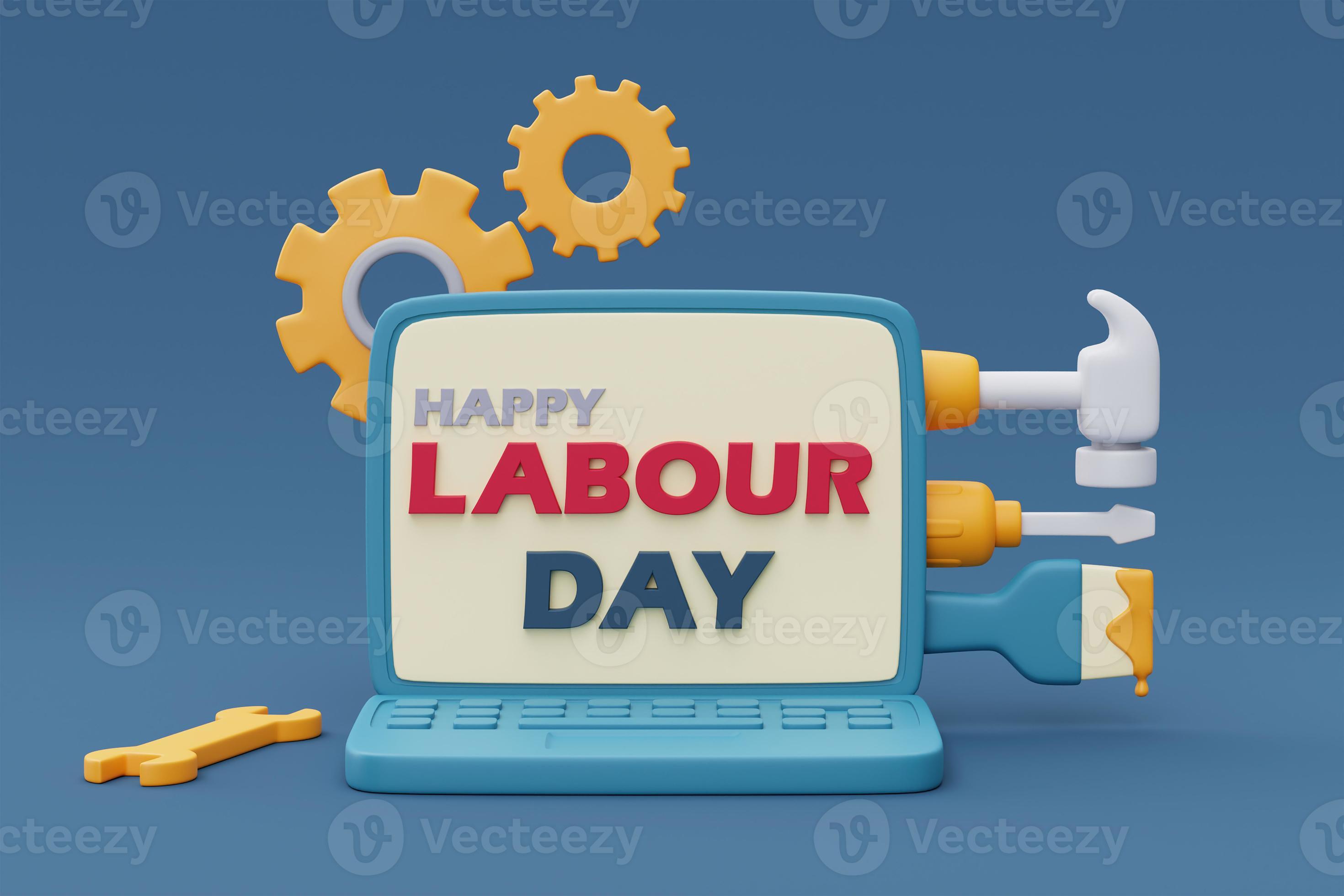 Labour day on computer laptop screen with Construction tools and