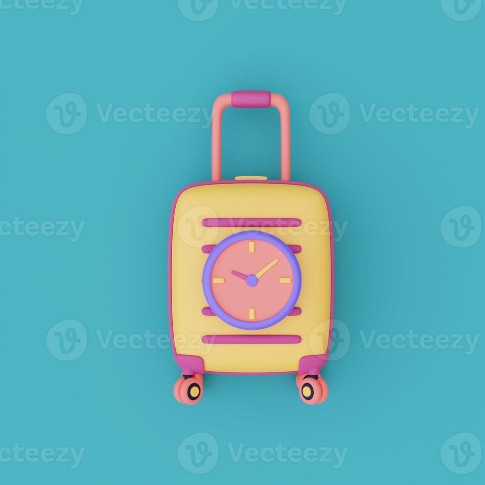 maletas amarillas con reloj, concepto de tiempo para viajar, planificación de vacaciones, vacaciones, listo para viajar. Presentación 3d. foto