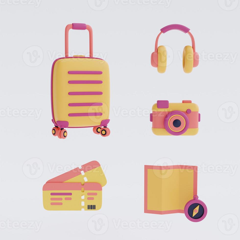 conjunto de turismo y concepto de viaje con maleta amarilla y accesorios de viajero, estilo minimalista, plano lay.3d render. foto